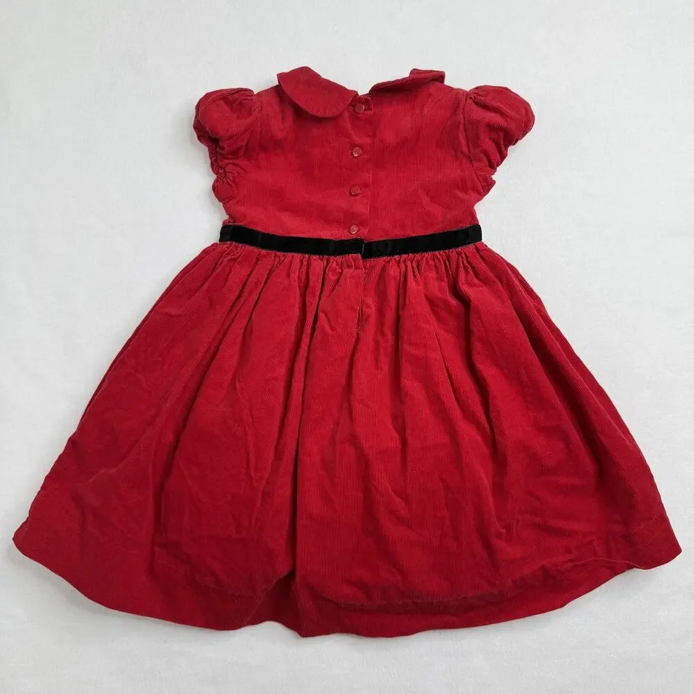 Ralph Lauren Dress Girls 12M Red Corduroy Collared Fit & Flare Velvet Belt Party